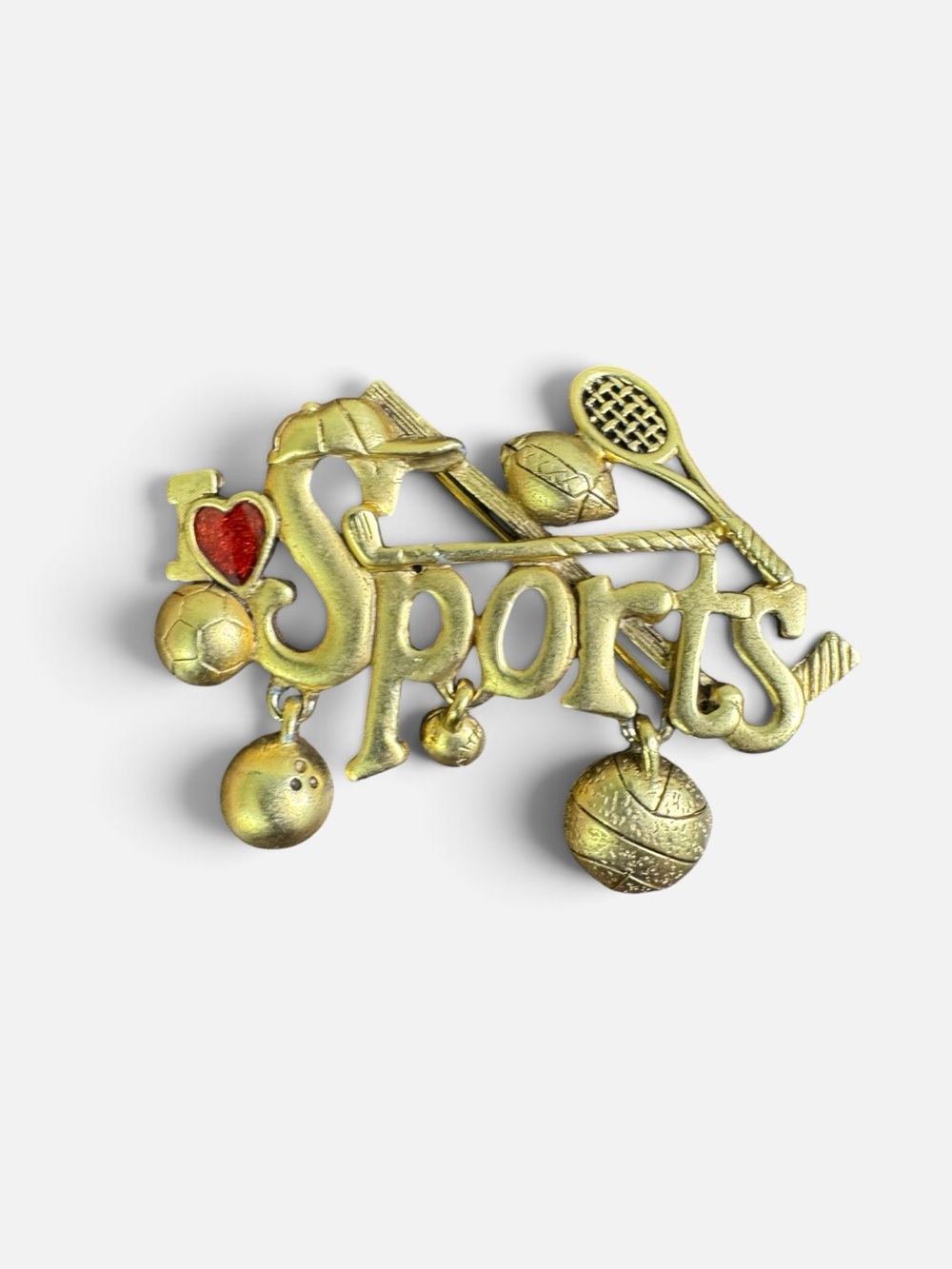 DANECRAFT Gold-Tone 'Sports' Charm Brooch Pin Red Heart Retro Novelty Kitsc